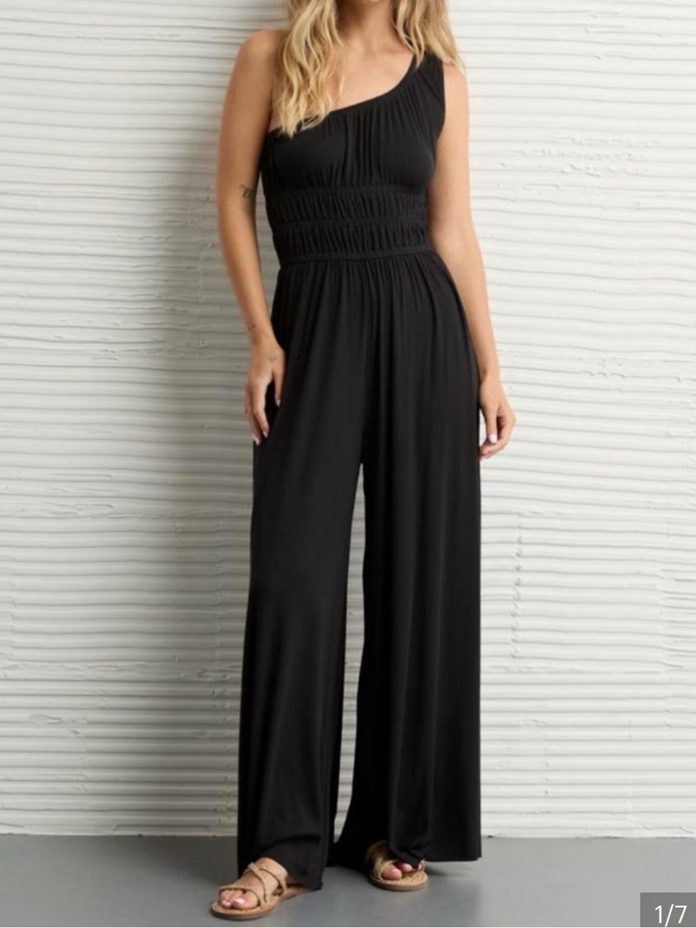 American Eagle Outfitters Black One-Shoulder Wide-Leg Jumpsuit